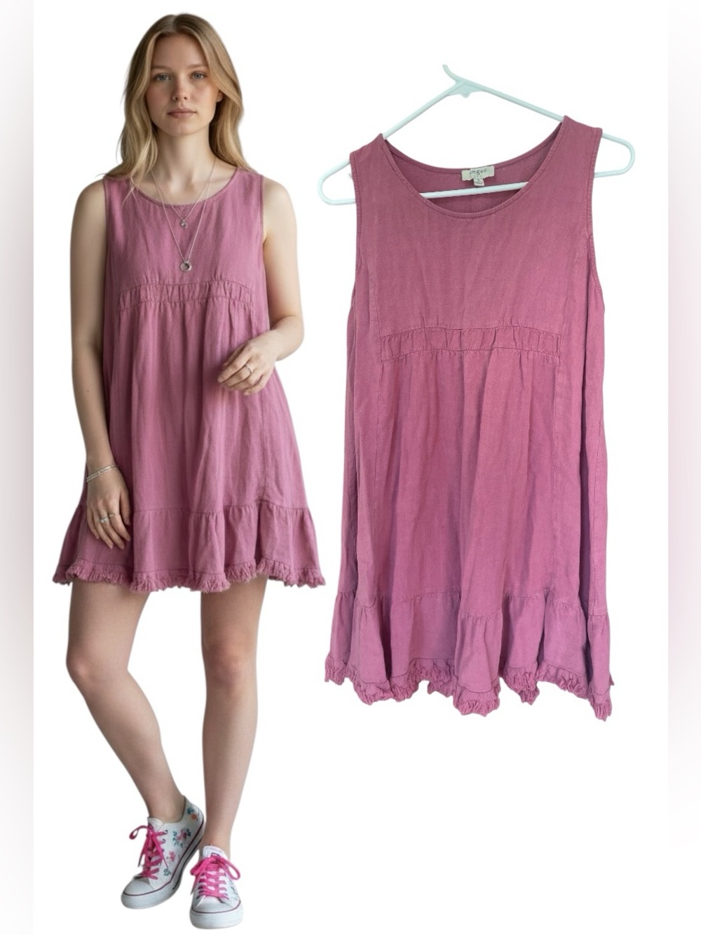 Umgee Mauve Linen Cotton Sleeveless Ruffle Hem Tunic Dress Small Blush Pink Boho - Picture 1 of 5
